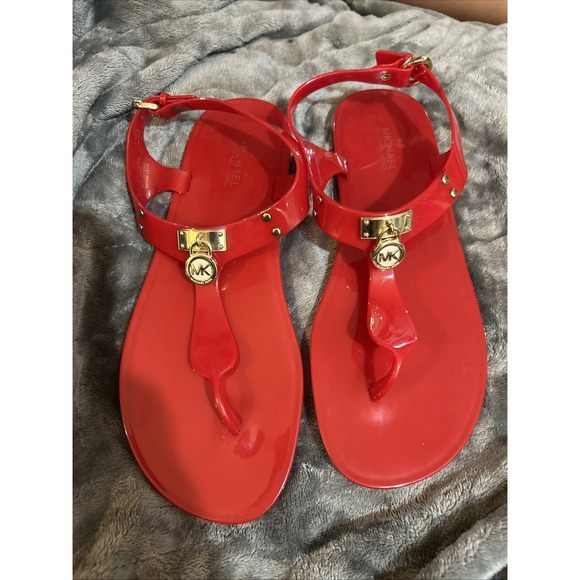 Michael Kors Women's Red Plate Jelly Flat Ankle Buckle Up Thong Sandals 8M - Picture 1 of 6
